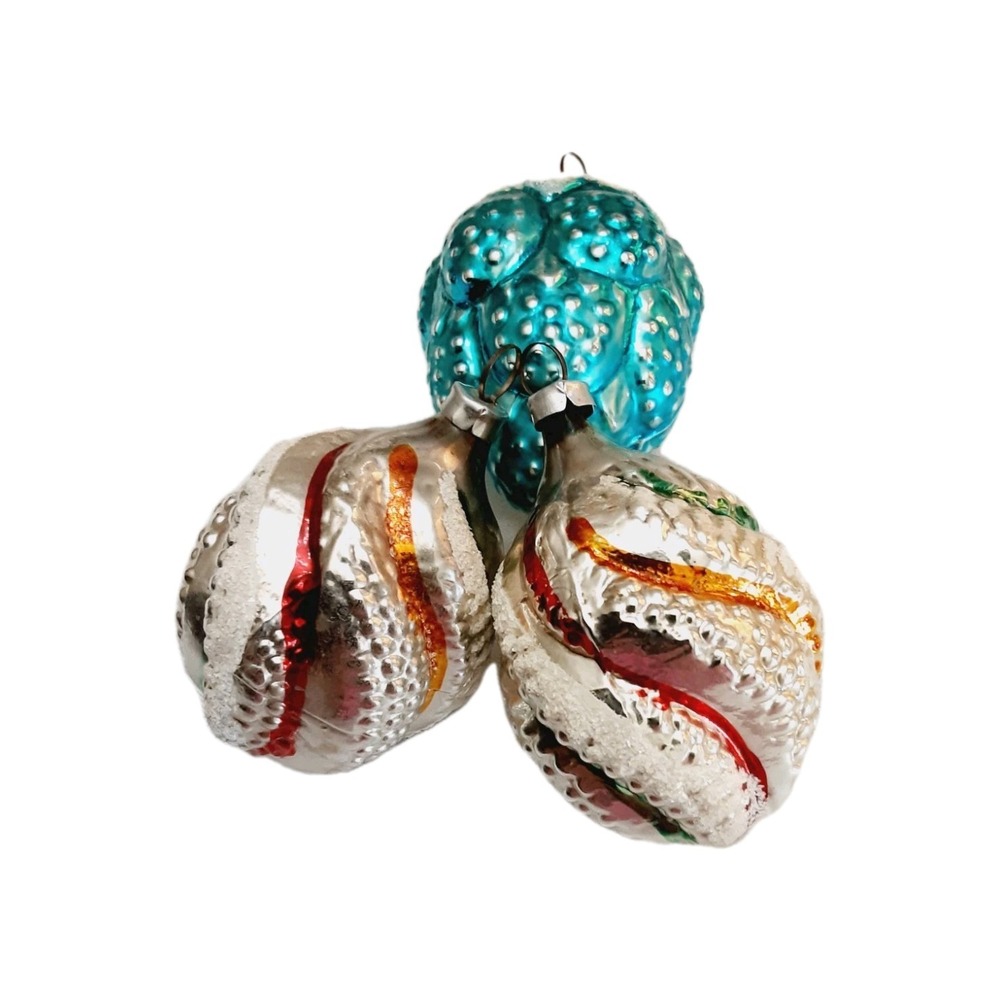Vintage Mercury Glass Christmas Ornaments German Pine Cone Strawberry Lot Of 3